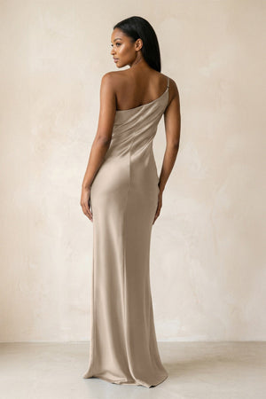 One - Shoulder Sheath Ruched Bridesmaid Dress in Almond - KissProm Bridesmaid Dresses