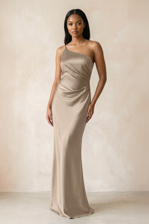 One - Shoulder Sheath Ruched Bridesmaid Dress in Almond - KissProm Bridesmaid Dresses