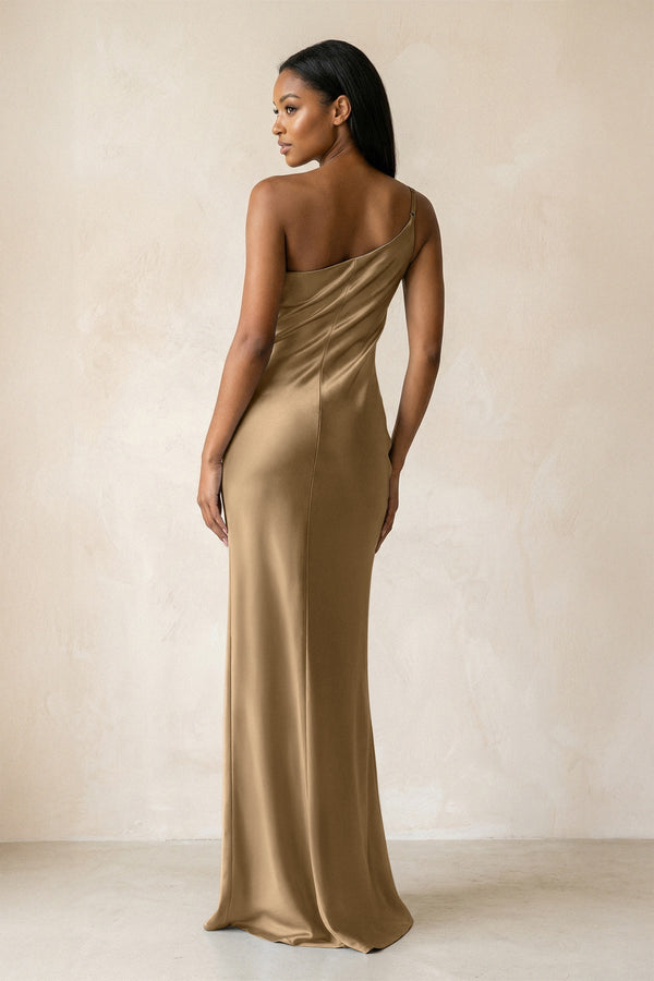 One - Shoulder Sheath Ruched Bridesmaid Dress in Apple Cinnamon - KissProm Bridesmaid Dresses