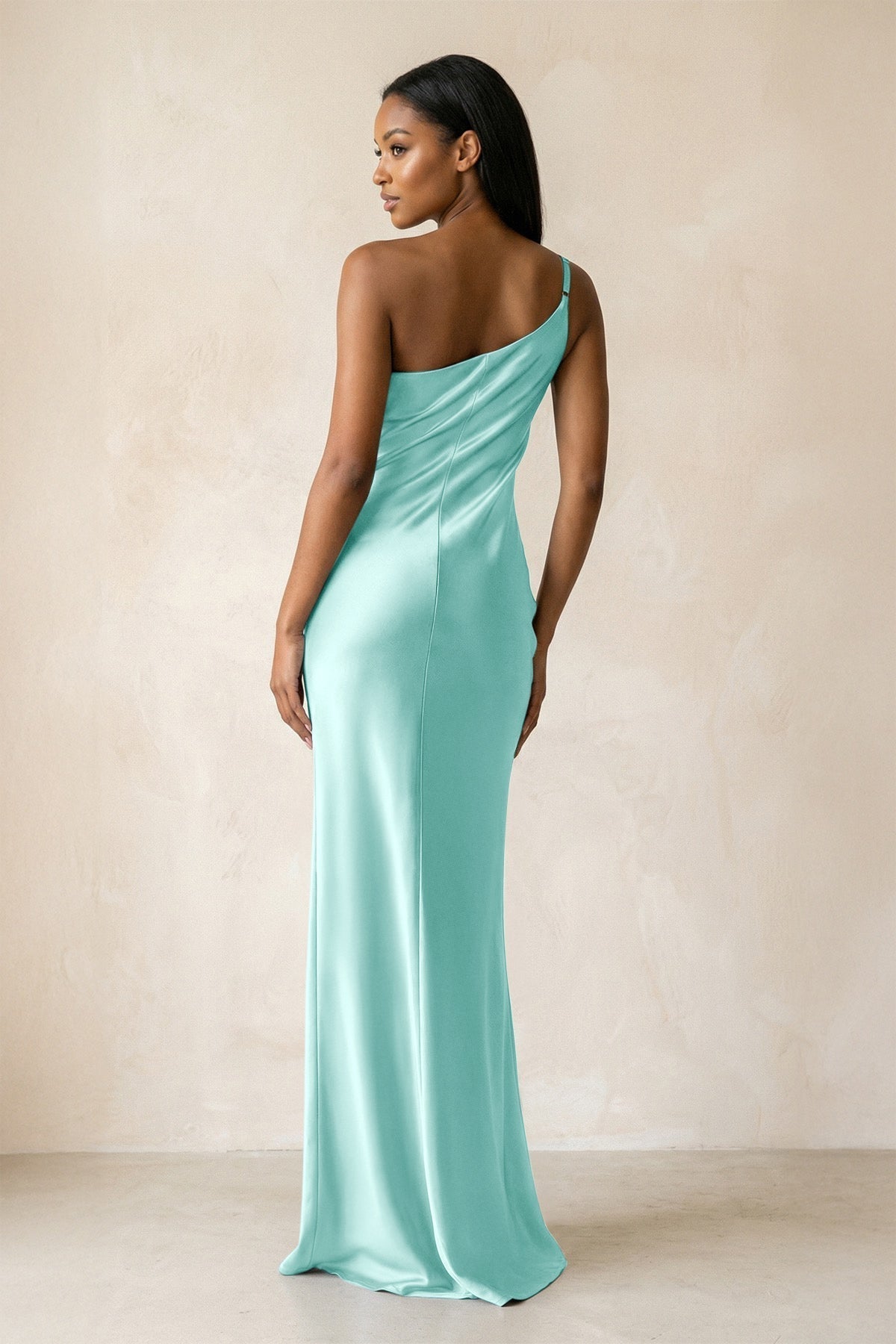 KissProm One-Shoulder Sheath Ruched Bridesmaid Dress in Aqua, Aqua / 30