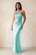One - Shoulder Sheath Ruched Bridesmaid Dress in Aqua - KissProm Bridesmaid Dresses