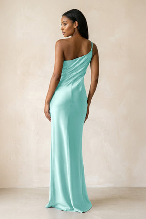 One - Shoulder Sheath Ruched Bridesmaid Dress in Aqua - KissProm Bridesmaid Dresses
