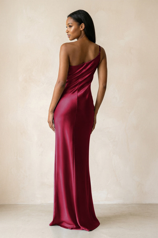 One - Shoulder Sheath Ruched Bridesmaid Dress in Berry - KissProm Bridesmaid Dresses