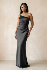 One - Shoulder Sheath Ruched Bridesmaid Dress in Black - KissProm Bridesmaid Dresses