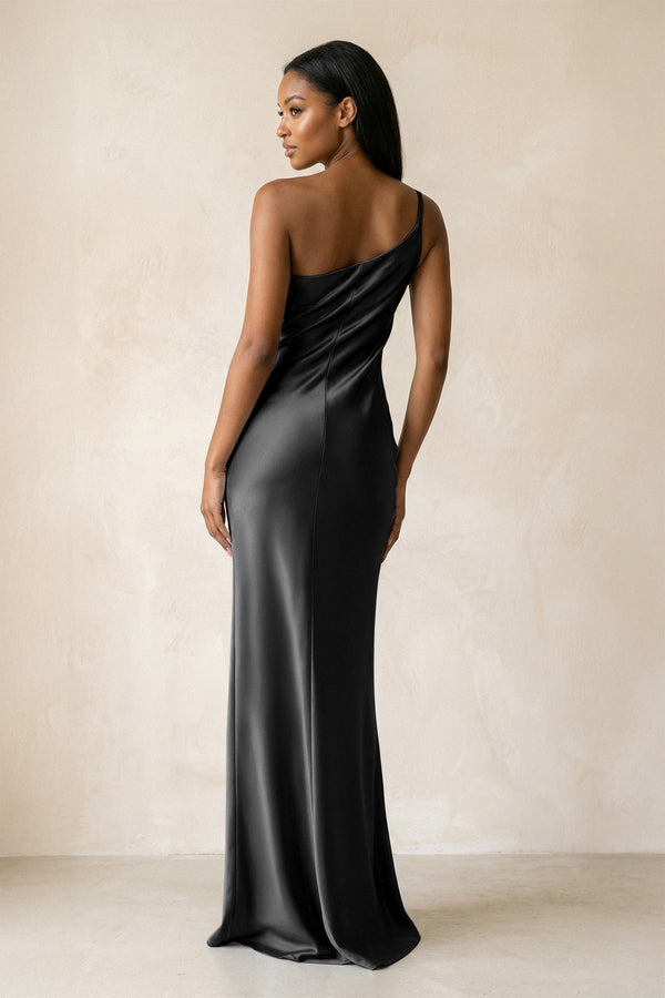 One - Shoulder Sheath Ruched Bridesmaid Dress in Black - KissProm Bridesmaid Dresses