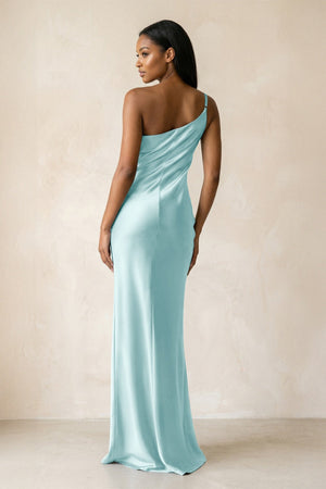One - Shoulder Sheath Ruched Bridesmaid Dress in Bleached Aqua - KissProm Bridesmaid Dresses