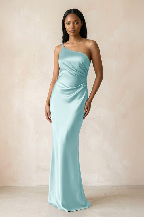 One - Shoulder Sheath Ruched Bridesmaid Dress in Bleached Aqua - KissProm Bridesmaid Dresses