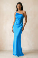One - Shoulder Sheath Ruched Bridesmaid Dress in Blue Jay - KissProm Bridesmaid Dresses