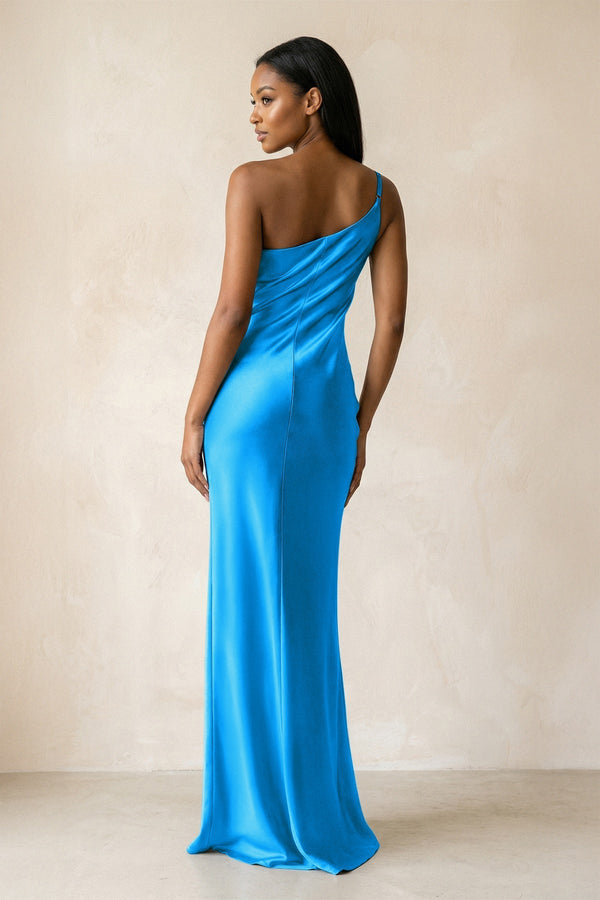 One - Shoulder Sheath Ruched Bridesmaid Dress in Blue Jay - KissProm Bridesmaid Dresses
