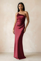 One - Shoulder Sheath Ruched Bridesmaid Dress in Burgundy - KissProm Bridesmaid Dresses