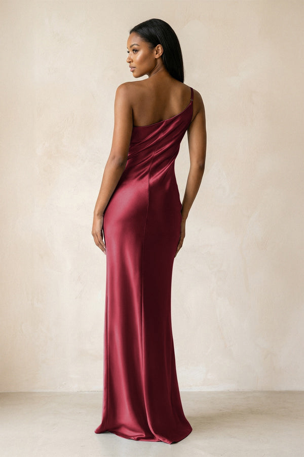 One - Shoulder Sheath Ruched Bridesmaid Dress in Burgundy - KissProm Bridesmaid Dresses
