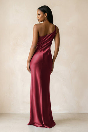 One - Shoulder Sheath Ruched Bridesmaid Dress in Burgundy - KissProm Bridesmaid Dresses