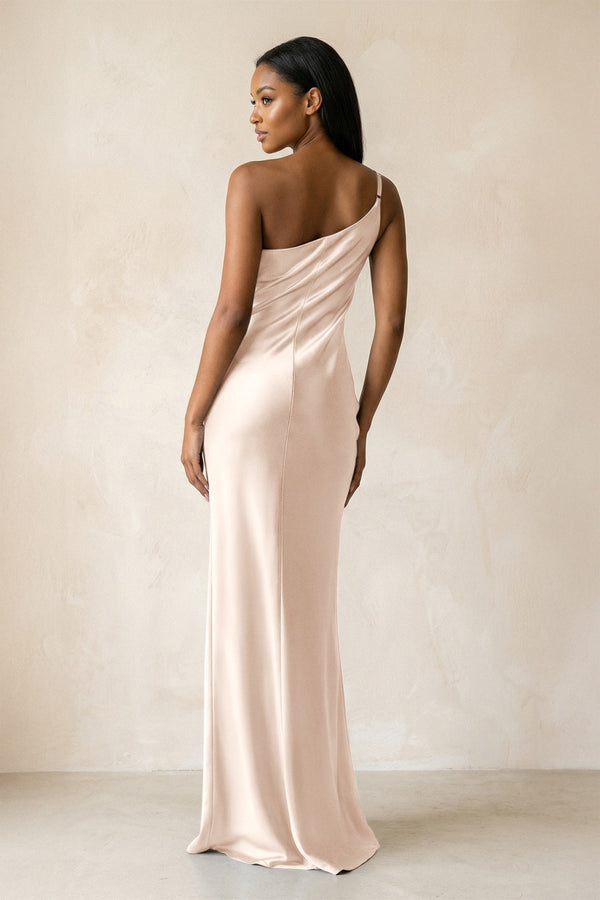 One - Shoulder Sheath Ruched Bridesmaid Dress in Buttercream - KissProm Bridesmaid Dresses