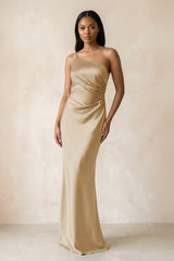 One - Shoulder Sheath Ruched Bridesmaid Dress in Champagne - KissProm Bridesmaid Dresses