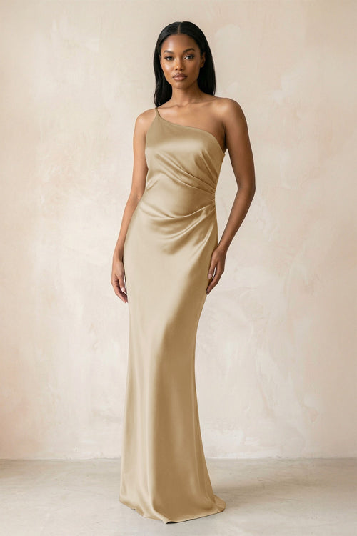 One - Shoulder Sheath Ruched Bridesmaid Dress in Champagne - KissProm Bridesmaid Dresses