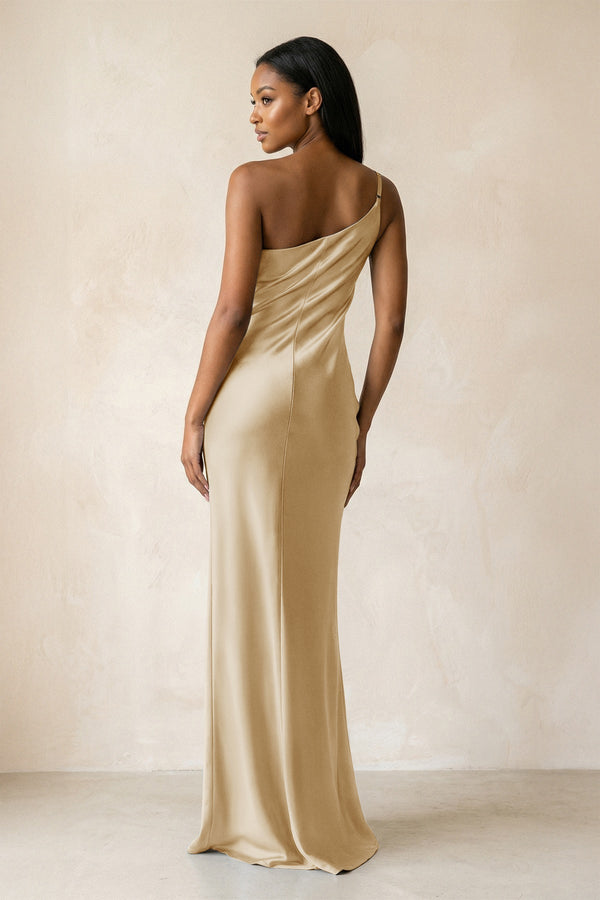 One - Shoulder Sheath Ruched Bridesmaid Dress in Champagne - KissProm Bridesmaid Dresses