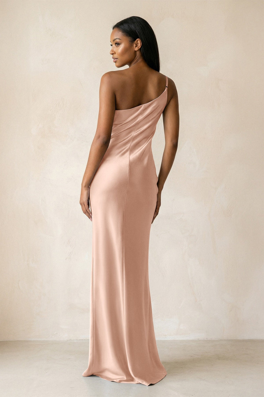 One - Shoulder Sheath Ruched Bridesmaid Dress in Champagne Rose - KissProm Bridesmaid Dresses