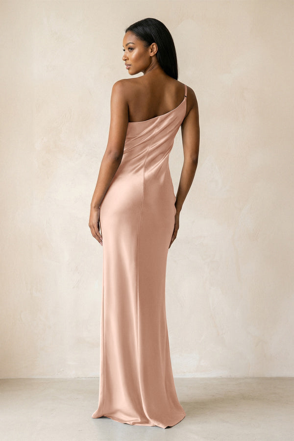 One - Shoulder Sheath Ruched Bridesmaid Dress in Champagne Rose - KissProm Bridesmaid Dresses
