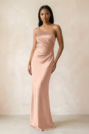 One - Shoulder Sheath Ruched Bridesmaid Dress in Champagne Rose - KissProm Bridesmaid Dresses