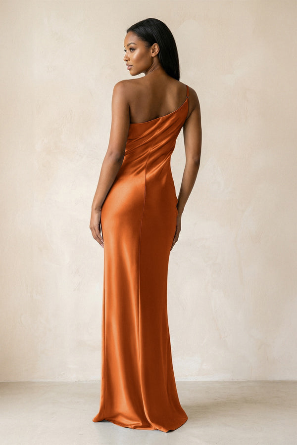 One - Shoulder Sheath Ruched Bridesmaid Dress in Cinnamon - KissProm Bridesmaid Dresses