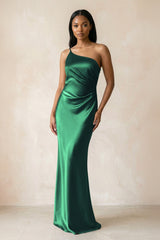 One - Shoulder Sheath Ruched Bridesmaid Dress in Dark Green - KissProm Bridesmaid Dresses