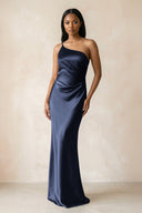 One - Shoulder Sheath Ruched Bridesmaid Dress in Dark Navy - KissProm Bridesmaid Dresses