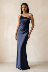 One - Shoulder Sheath Ruched Bridesmaid Dress in Dark Navy - KissProm Bridesmaid Dresses