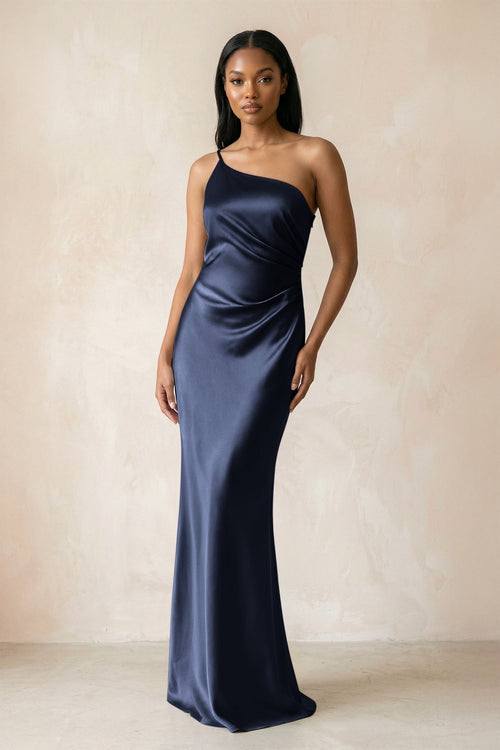 One - Shoulder Sheath Ruched Bridesmaid Dress in Dark Navy - KissProm Bridesmaid Dresses