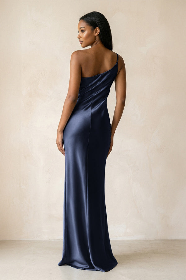 One - Shoulder Sheath Ruched Bridesmaid Dress in Dark Navy - KissProm Bridesmaid Dresses