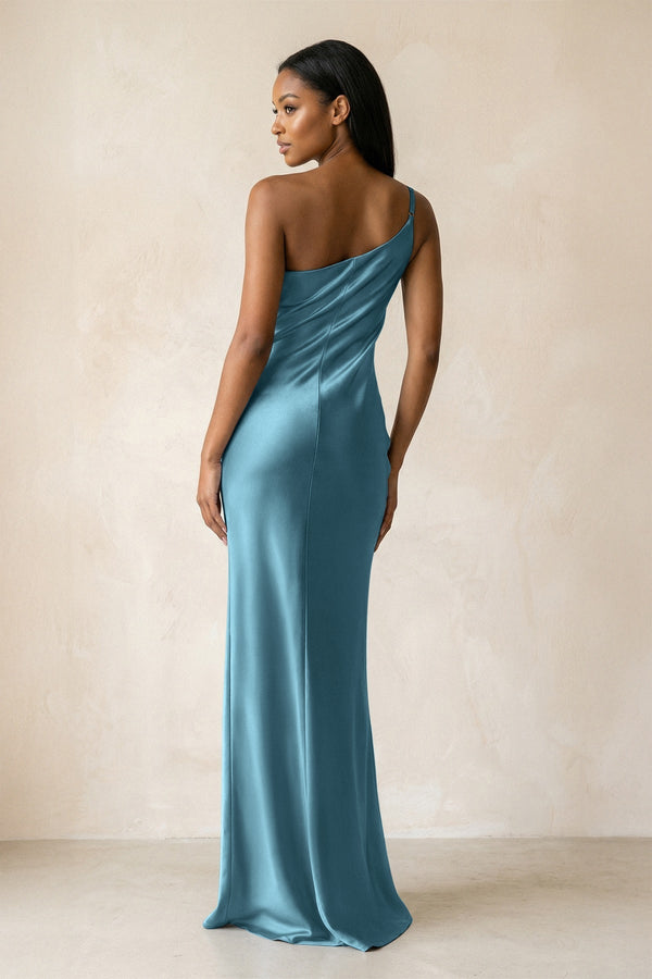 One - Shoulder Sheath Ruched Bridesmaid Dress in Dark Teal - KissProm Bridesmaid Dresses