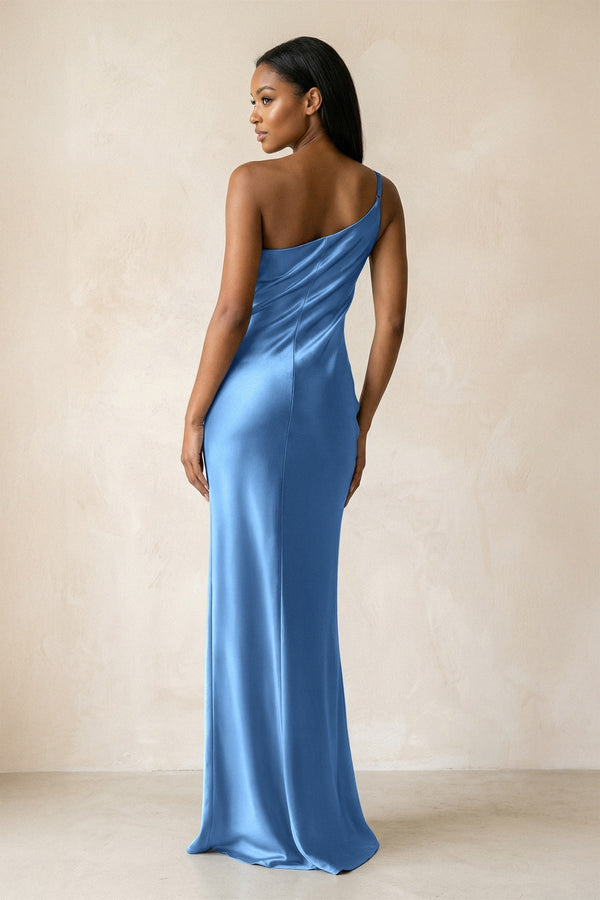 One - Shoulder Sheath Ruched Bridesmaid Dress in Dusty Blue - KissProm Bridesmaid Dresses