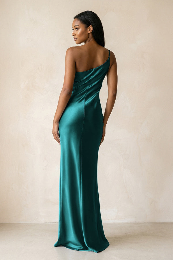 One - Shoulder Sheath Ruched Bridesmaid Dress in Emerald - KissProm Bridesmaid Dresses