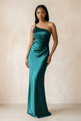 One - Shoulder Sheath Ruched Bridesmaid Dress in Emerald - KissProm Bridesmaid Dresses
