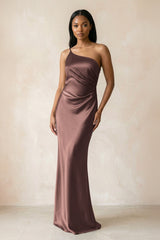 One - Shoulder Sheath Ruched Bridesmaid Dress in Espresso - KissProm Bridesmaid Dresses