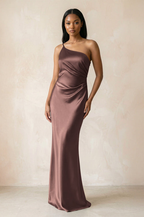 One - Shoulder Sheath Ruched Bridesmaid Dress in Espresso - KissProm Bridesmaid Dresses