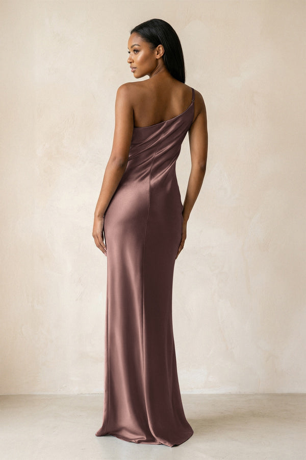 One - Shoulder Sheath Ruched Bridesmaid Dress in Espresso - KissProm Bridesmaid Dresses