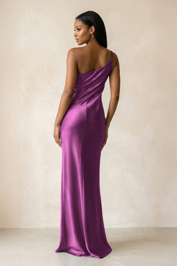 One - Shoulder Sheath Ruched Bridesmaid Dress in Fig - KissProm Bridesmaid Dresses