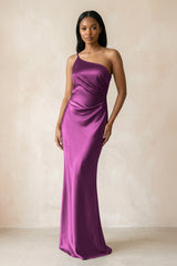 One - Shoulder Sheath Ruched Bridesmaid Dress in Fig - KissProm Bridesmaid Dresses