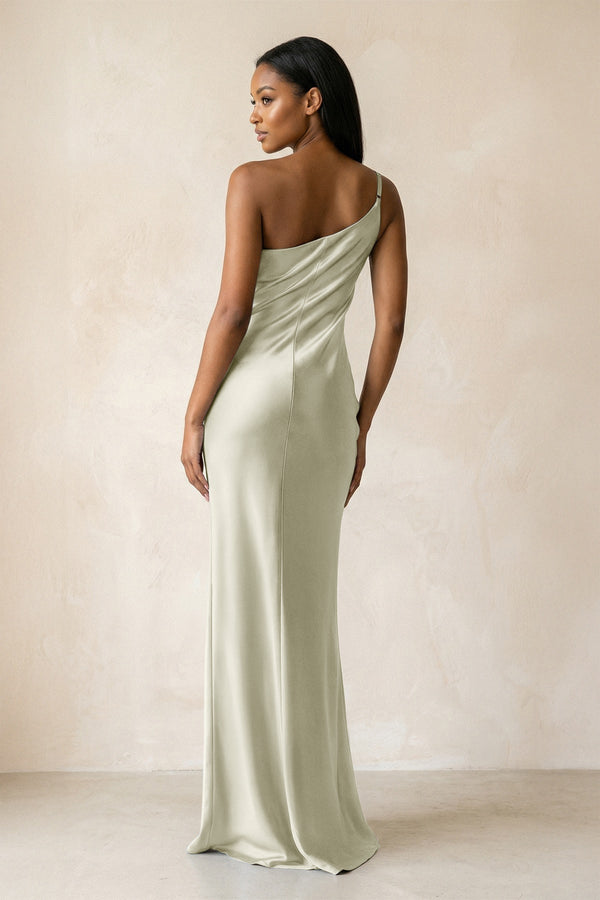 One - Shoulder Sheath Ruched Bridesmaid Dress in Frost - KissProm Bridesmaid Dresses