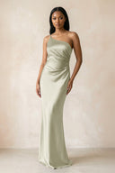 One - Shoulder Sheath Ruched Bridesmaid Dress in Frost - KissProm Bridesmaid Dresses