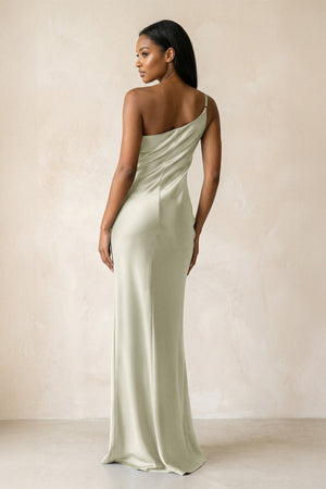 One - Shoulder Sheath Ruched Bridesmaid Dress in Frost - KissProm Bridesmaid Dresses