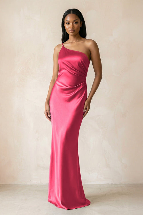 One - Shoulder Sheath Ruched Bridesmaid Dress in Fuchsia - KissProm Bridesmaid Dresses