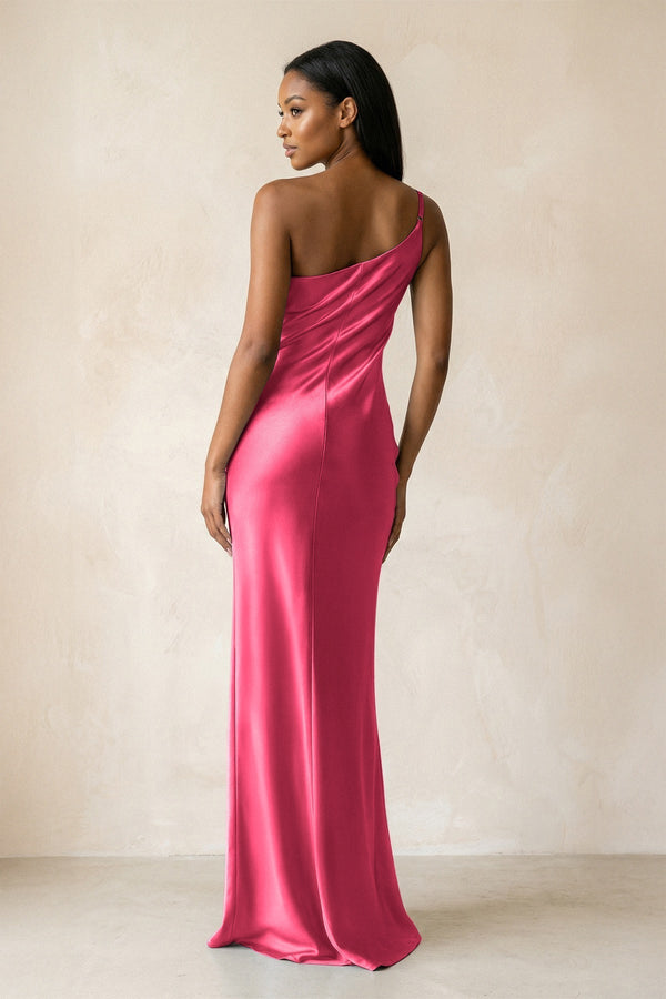 One - Shoulder Sheath Ruched Bridesmaid Dress in Fuchsia - KissProm Bridesmaid Dresses