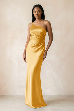 One - Shoulder Sheath Ruched Bridesmaid Dress in Gold - KissProm Bridesmaid Dresses
