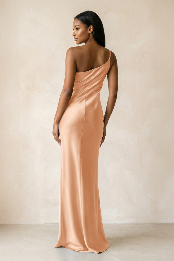 One - Shoulder Sheath Ruched Bridesmaid Dress in Golden Champagne - KissProm Bridesmaid Dresses
