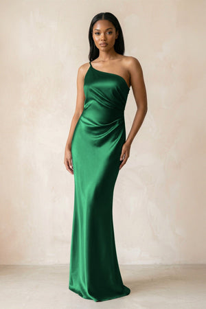 One - Shoulder Sheath Ruched Bridesmaid Dress in Green - KissProm Bridesmaid Dresses