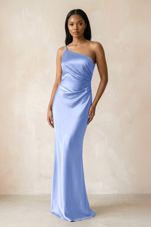 One - Shoulder Sheath Ruched Bridesmaid Dress in Ice - KissProm Bridesmaid Dresses