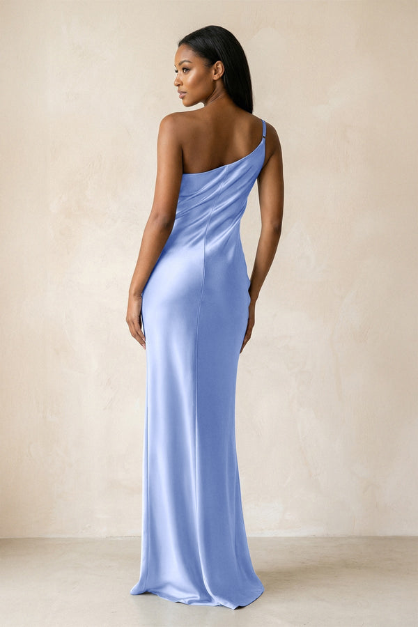 One - Shoulder Sheath Ruched Bridesmaid Dress in Ice - KissProm Bridesmaid Dresses