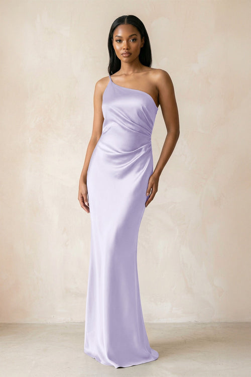 One - Shoulder Sheath Ruched Bridesmaid Dress in Lavender - KissProm Bridesmaid Dresses