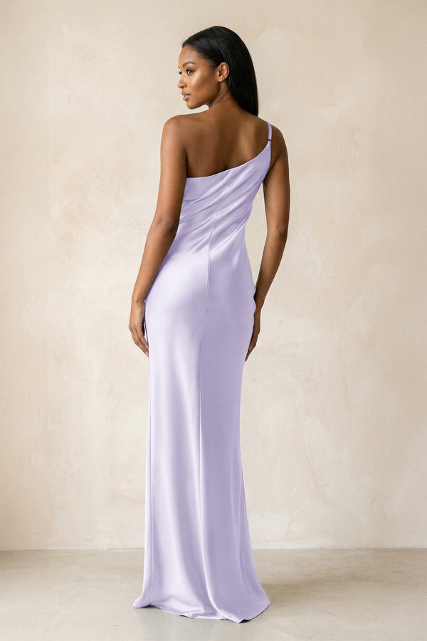 One - Shoulder Sheath Ruched Bridesmaid Dress in Lavender - KissProm Bridesmaid Dresses